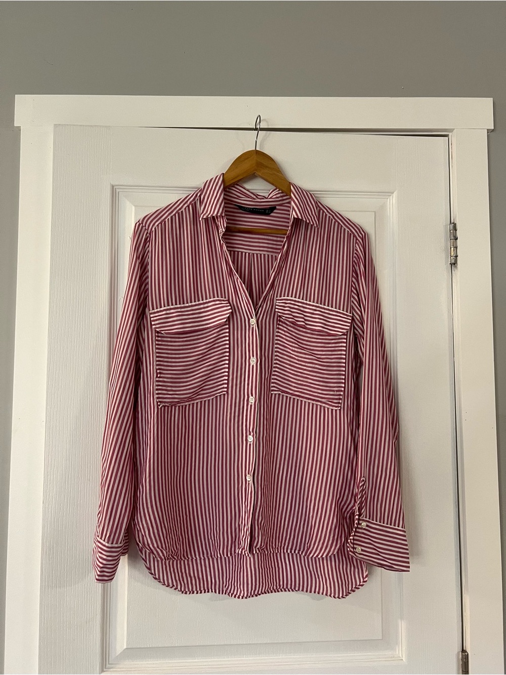 Zara Red and White Striped Button-Down Blouse - Picture 1 of 6